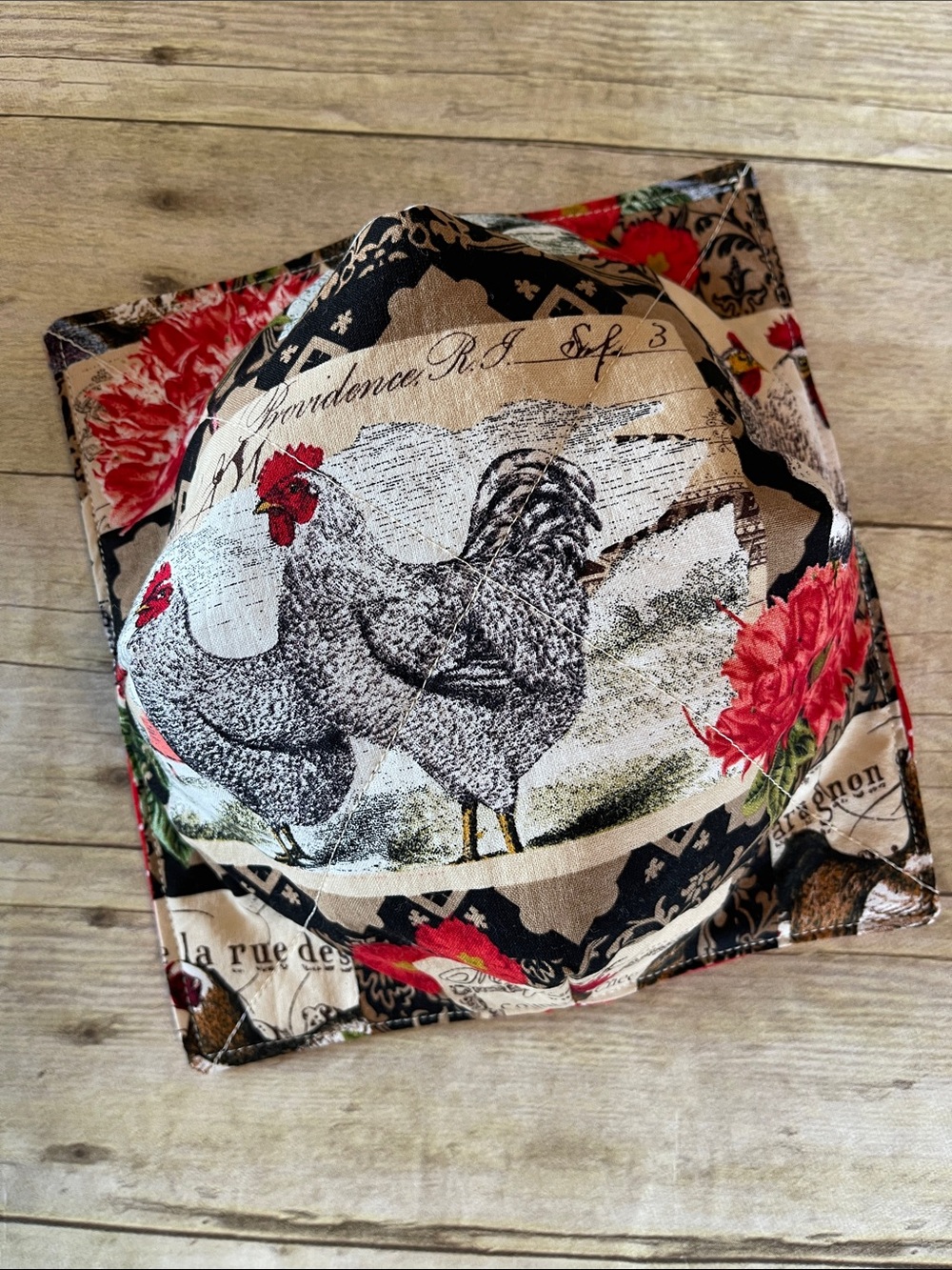 Microwave / Ice Cream Bowl Cozy Chickens Reversible Flowers Red Accents